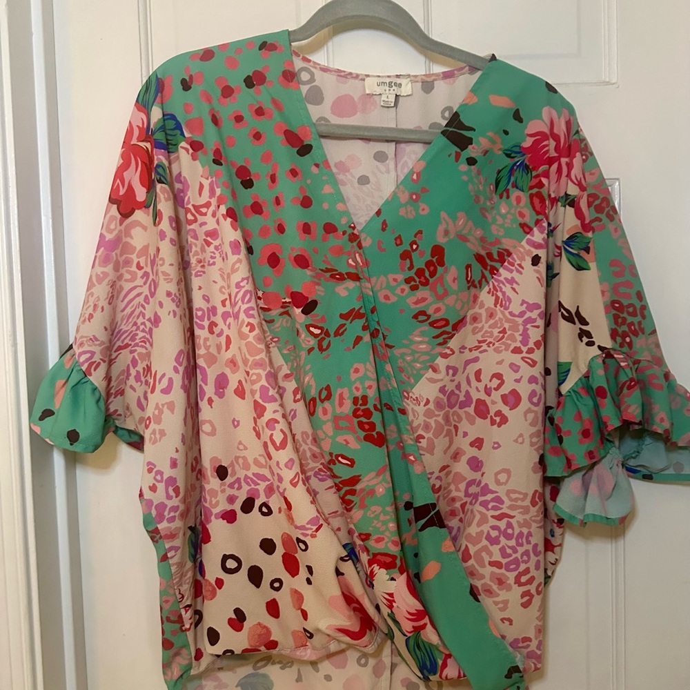 Pink and Green Asymmetrical Ruffled Blouse